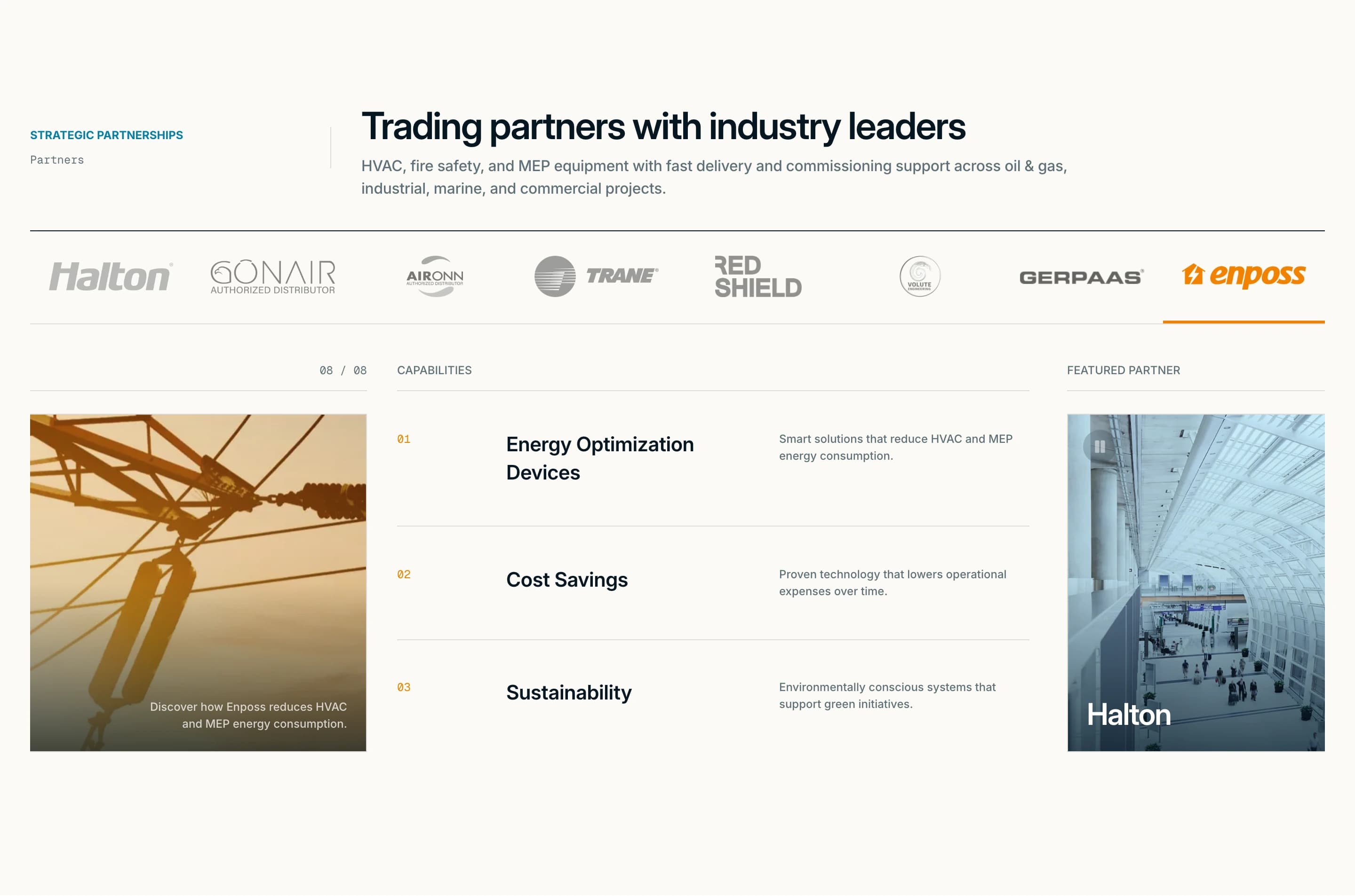 The strategic partnerships section, “Trading partners with industry leaders”: a row of manufacturer wordmarks including Halton, Gonair, Aironn, Trane, Red Shield, Volute, Gerpaas and Enposs, above a numbered capabilities list for energy optimization, cost savings and sustainability, and a featured-partner panel