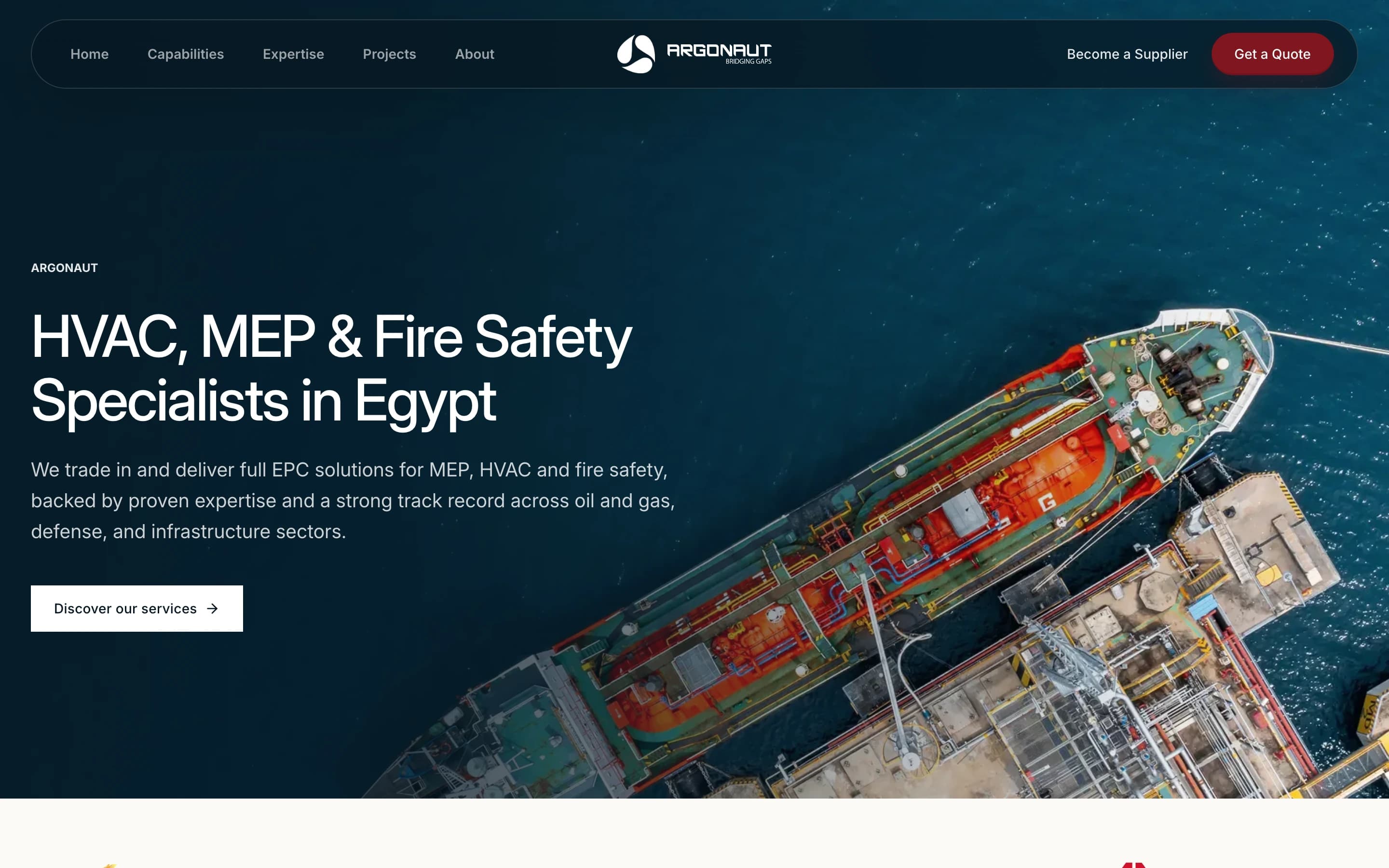 The Argonaut home page: a pill-shaped navigation bar over an aerial photograph of a tanker moored alongside a jetty, with the headline “HVAC, MEP & Fire Safety Specialists in Egypt” and a “Discover our services” button