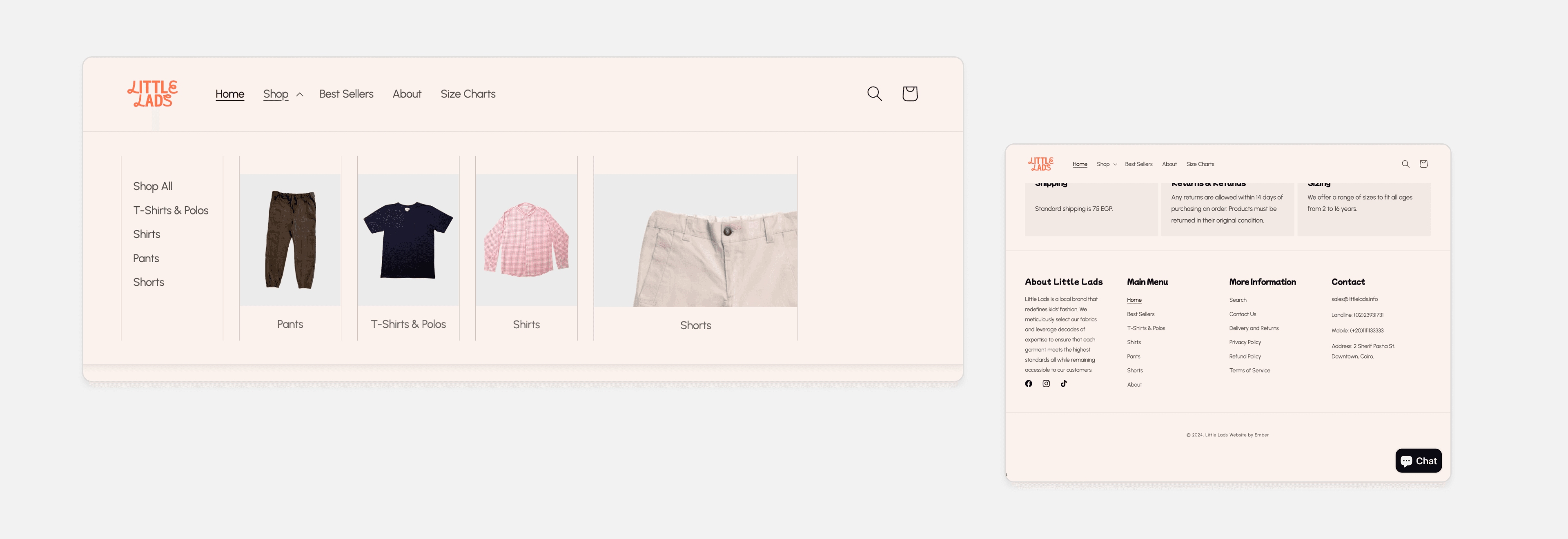 The Little Lads mega menu open under Shop, listing Shop All, T-Shirts & Polos, Shirts, Pants and Shorts beside a photo tile for each category, with the rich footer behind it