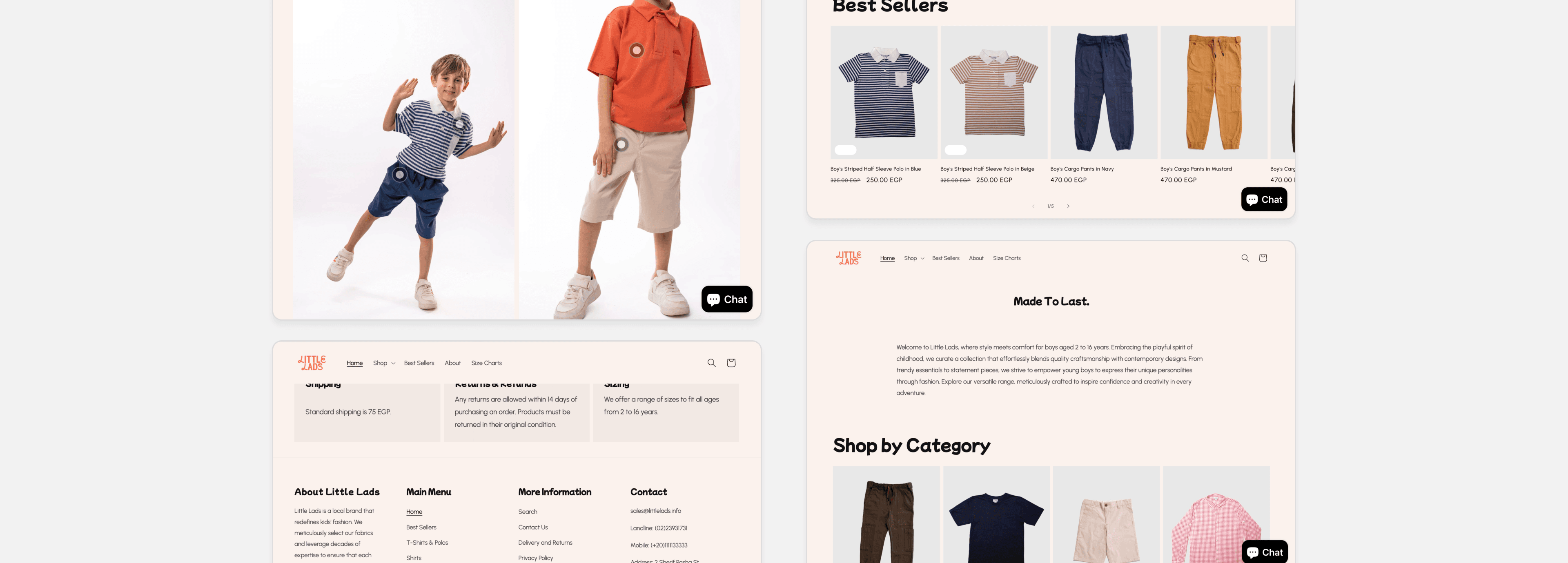 The rebuilt Little Lads storefront: a hero of boys in striped polos and shorts, a horizontally scrolling Best Sellers row with prices in EGP, a “Made To Last” brand statement, and a Shop by Category grid