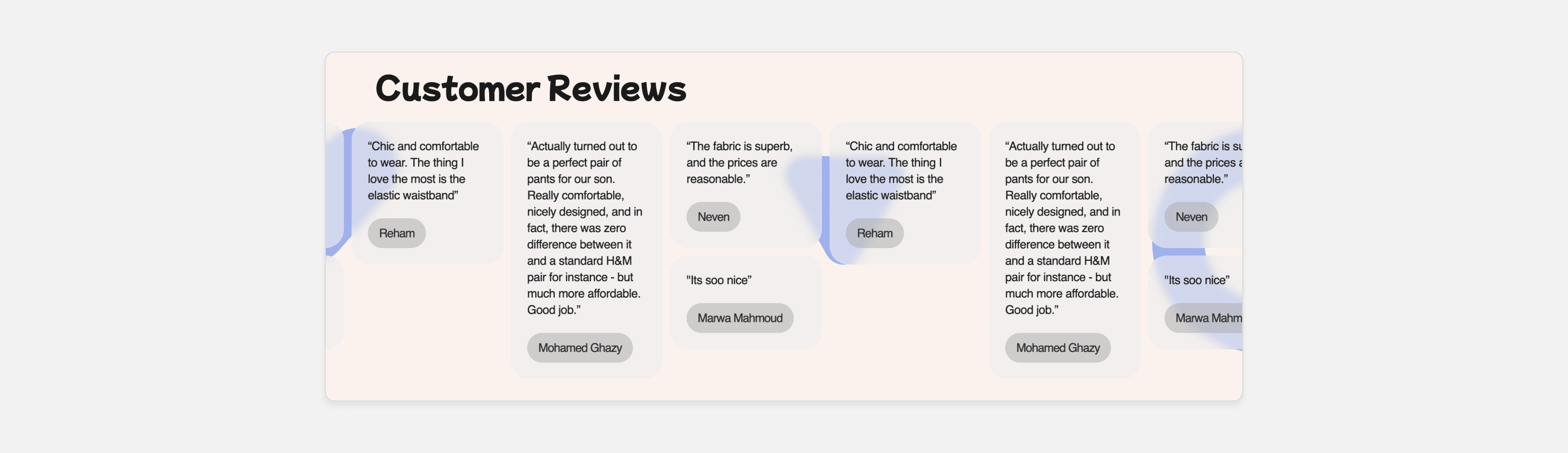 The custom Customer Reviews marquee, a looping row of quote cards from named customers praising fit, fabric and price