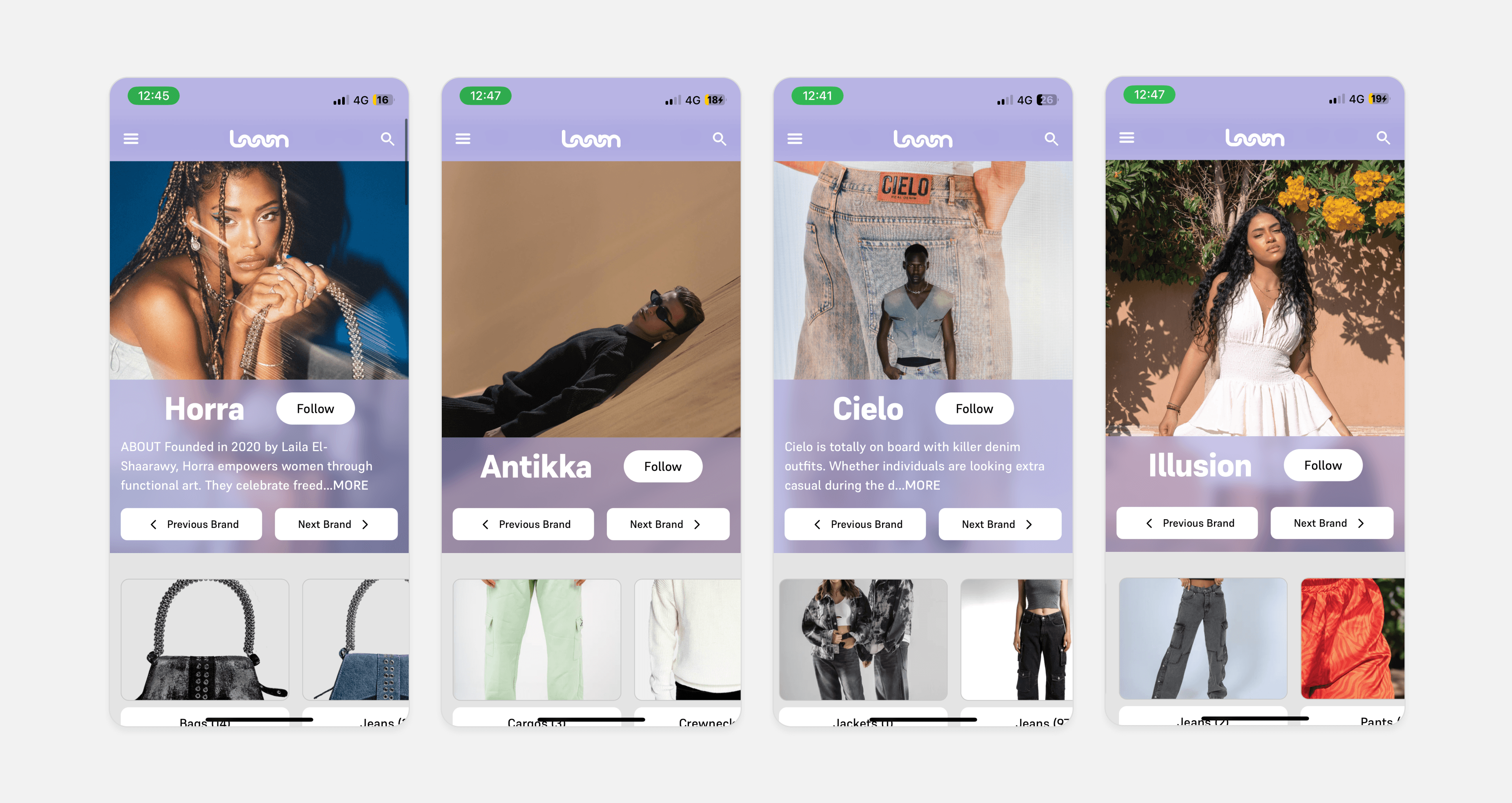 Four Loom Cairo brand pages (Horra, Antikka, Cielo and Illusion) each with a hero shot, a Follow button, an about blurb, previous/next brand controls, and the brand's item grid below