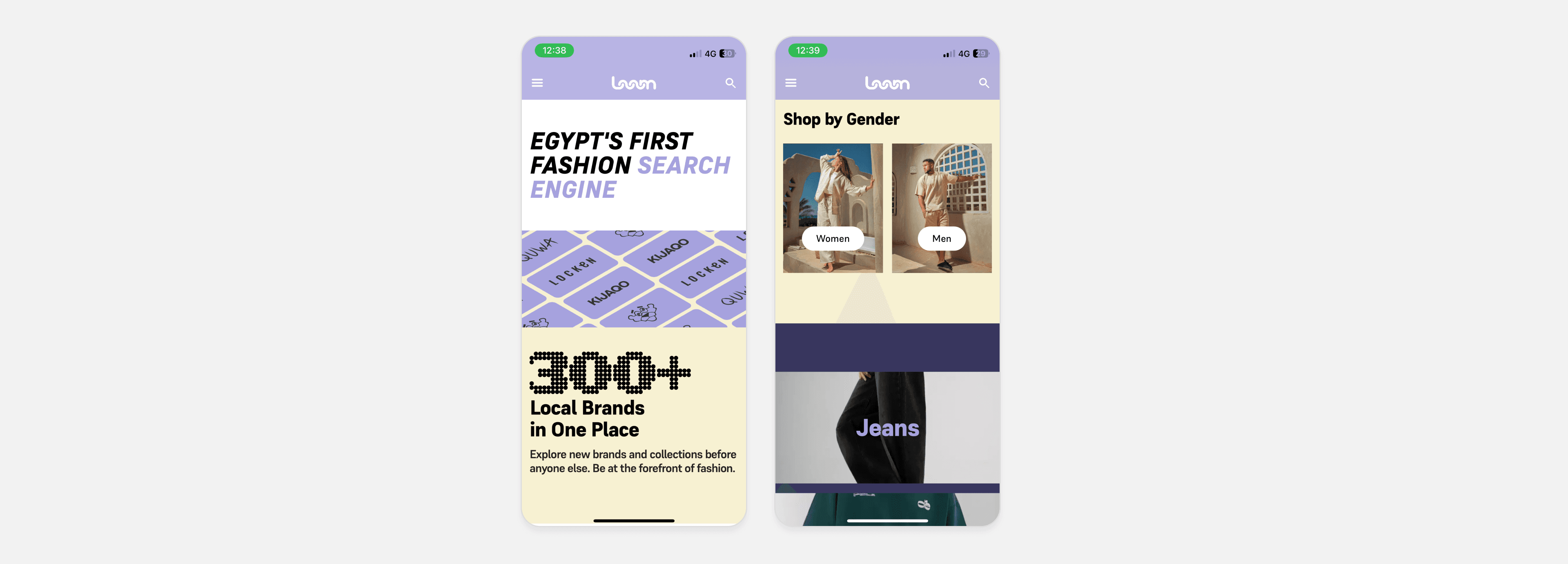 Loom Cairo mobile landing screens: “Egypt's first fashion search engine” over a tiled brand pattern, a “300+ local brands in one place” panel, and a shop-by-gender section
