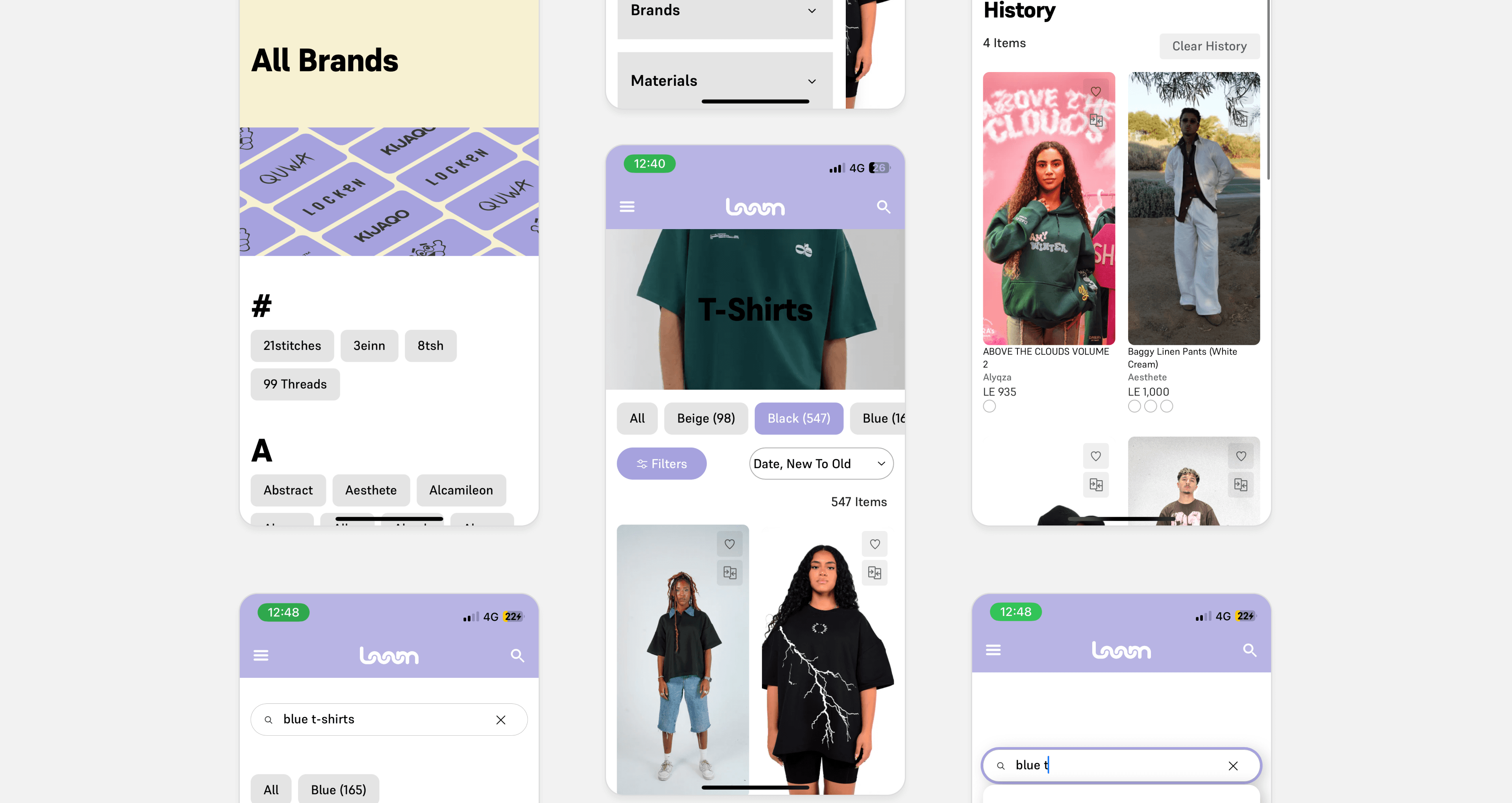 Loom Cairo app screens: an A-to-Z All Brands directory, a T-shirts category filtered to 547 items by colour and sort, search autocomplete for “blue t-shirts”, and a browsing history list with prices