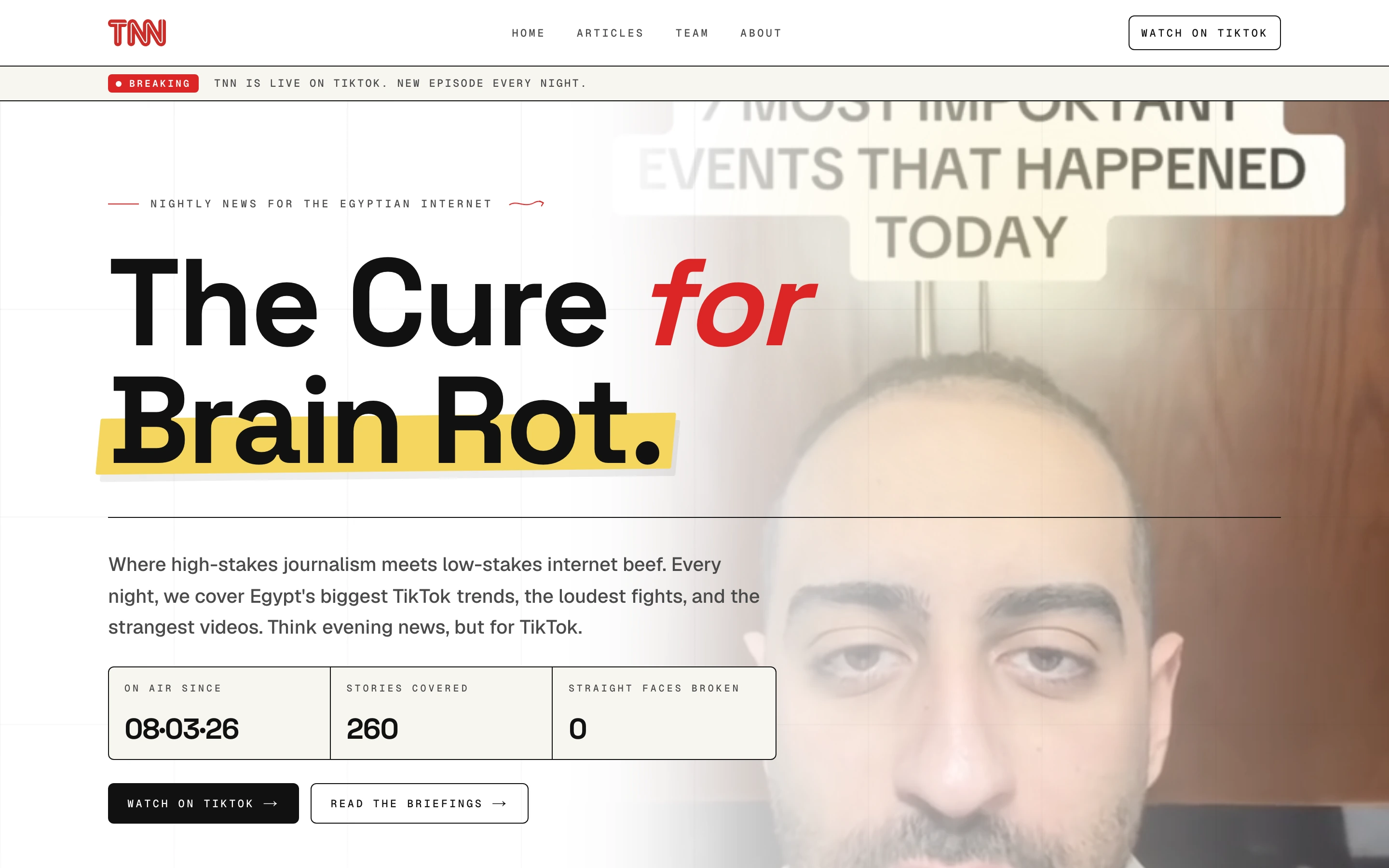 The TNN home page: a red breaking-news bar reading “TNN is live on TikTok, new episode every night”, the headline “The Cure for Brain Rot” with “Brain Rot” struck through in yellow highlighter, and a row of stats for on-air date, stories covered, and straight faces broken