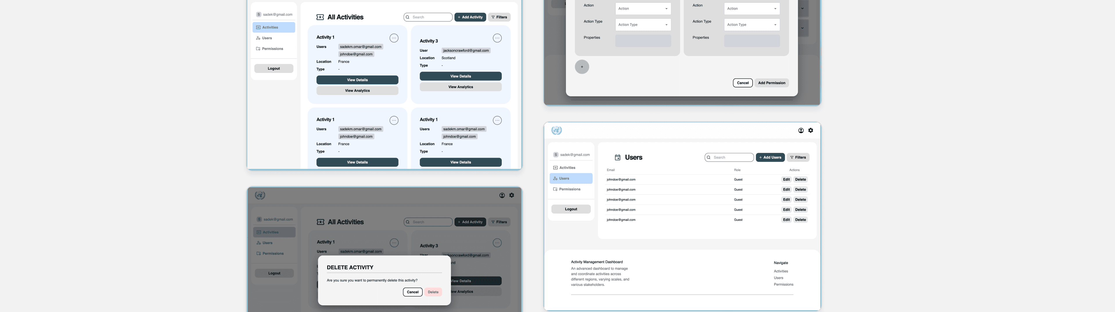 Screens from the UN agency dashboard: an All Activities view of activity cards listing users, location and type, a Users table with roles and edit/delete actions, a permission builder, and a delete-activity confirmation