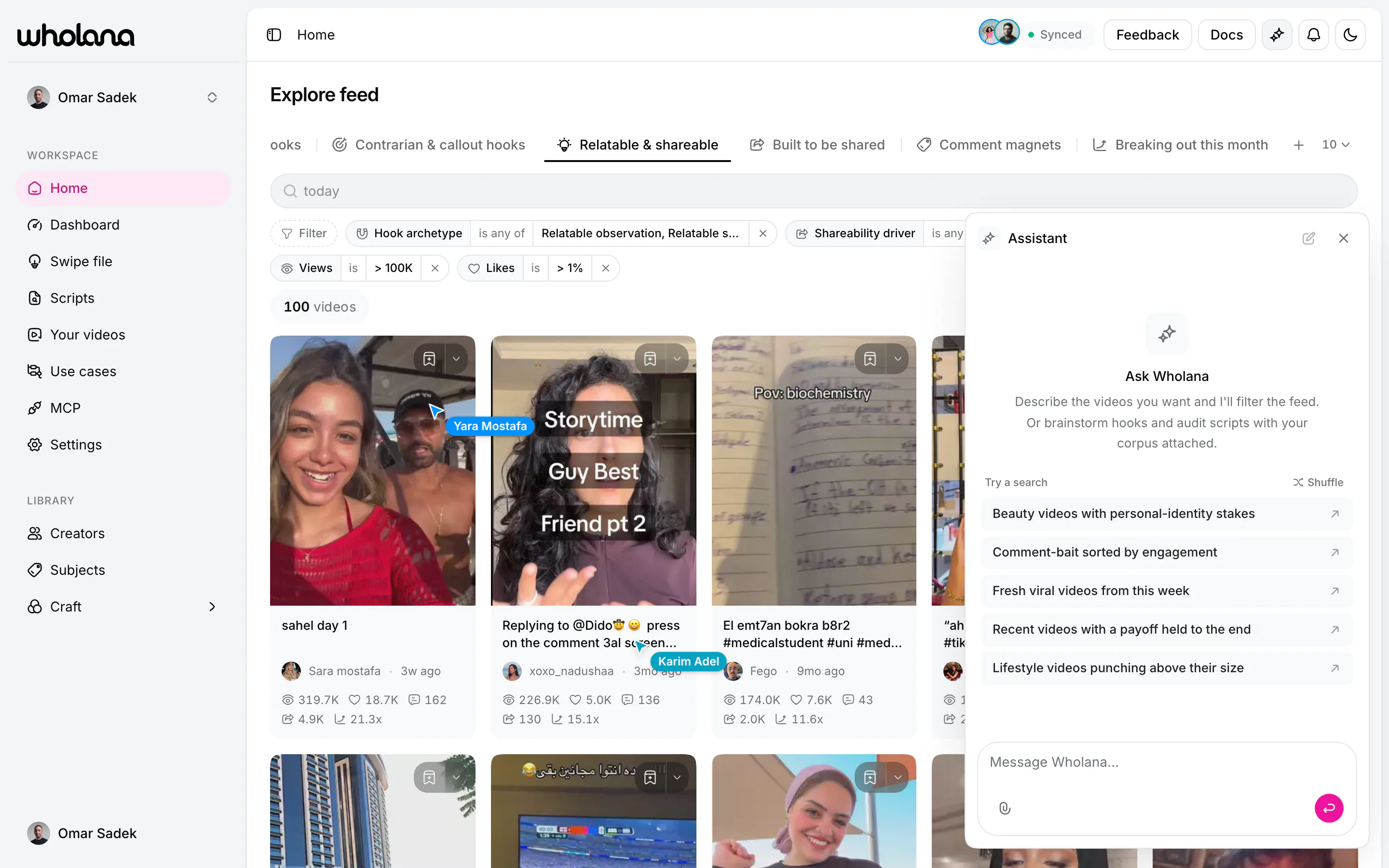 The Ask Wholana panel open beside the feed, offering starting searches such as “Beauty videos with personal-identity stakes”, “Comment-bait sorted by engagement” and “Lifestyle videos punching above their size”