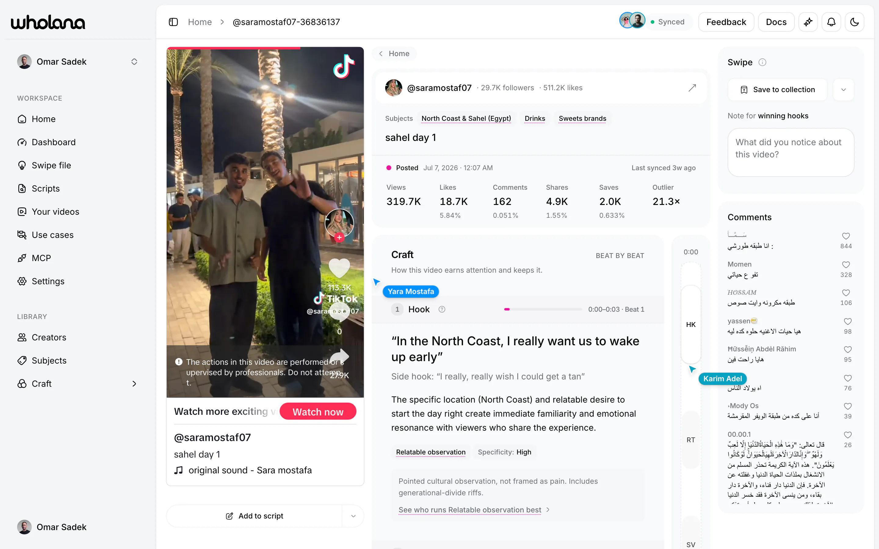 A video page: the TikTok clip playing on the left, the creator's stats across the top (319.7K views, 18.7K likes, 21.3× outlier), and the Craft panel reading the video beat by beat, opening with the hook quoted in translation at 0:00 to 0:03, labelled a relatable observation with high specificity, and the video's own comments listed down the right