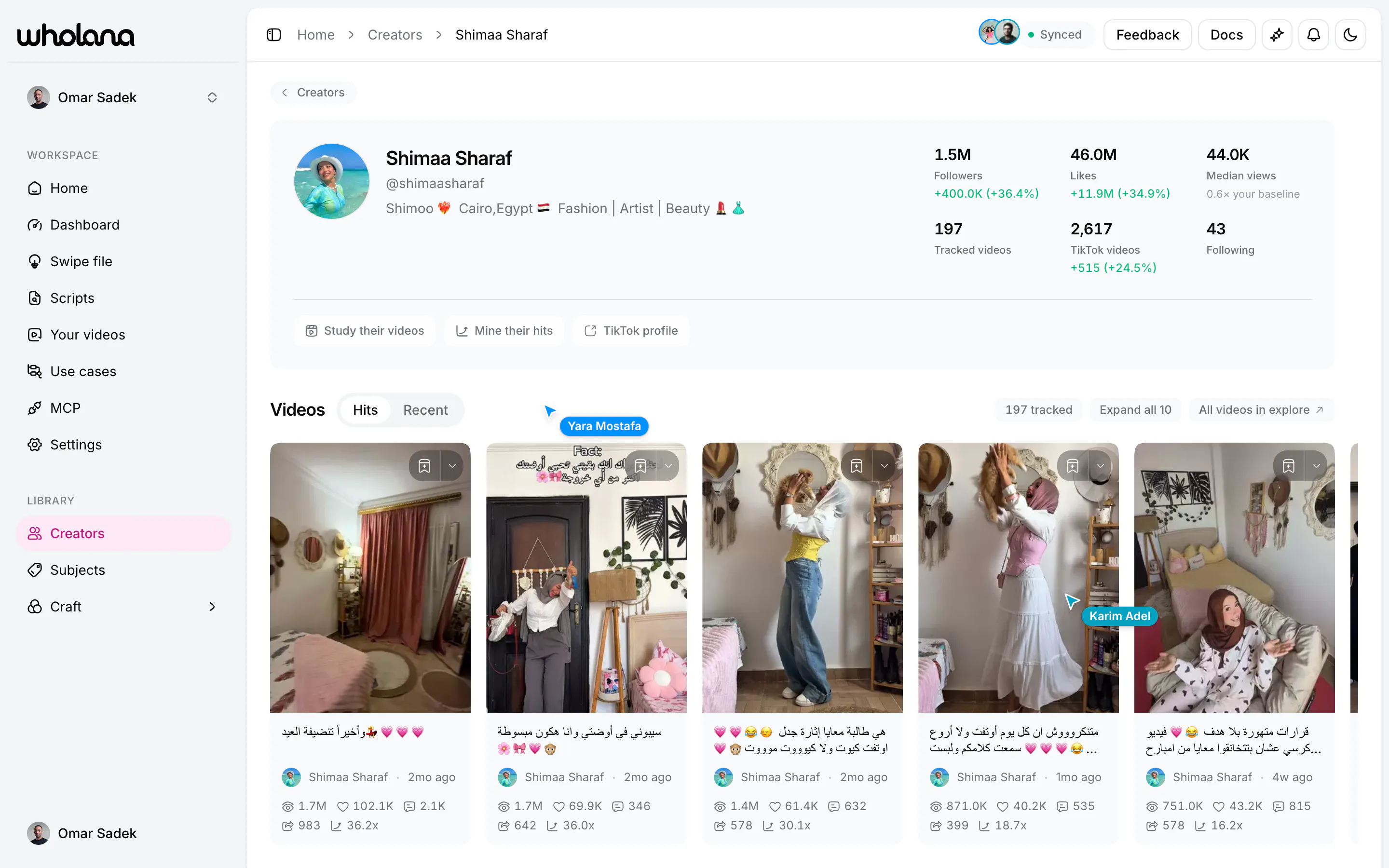 A creator profile for Shimaa Sharaf: 1.5M followers up 36.4%, 46M likes, 44K median views described as 0.6× the reader's own baseline, 197 tracked videos, then a Hits row of her best performing videos with outlier multiples from 36.2× down to 16.2×