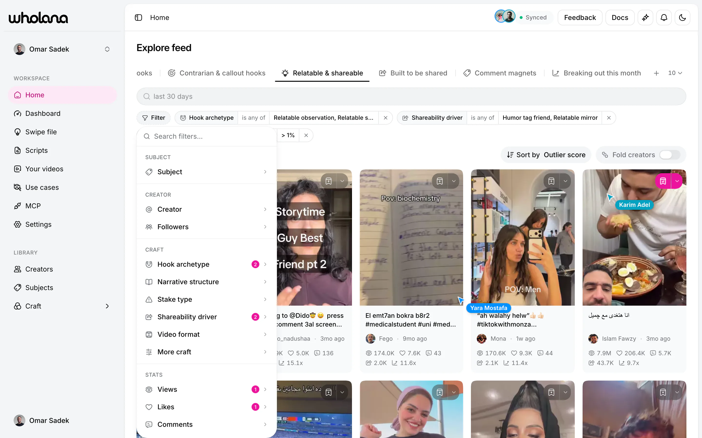 The filter builder open over the Explore feed: a searchable menu grouped into Subject, Creator, Craft and Stats, with the five craft vocabularies listed as hook archetype, narrative structure, stake type, shareability driver and video format, and a count badge on each facet already filtered