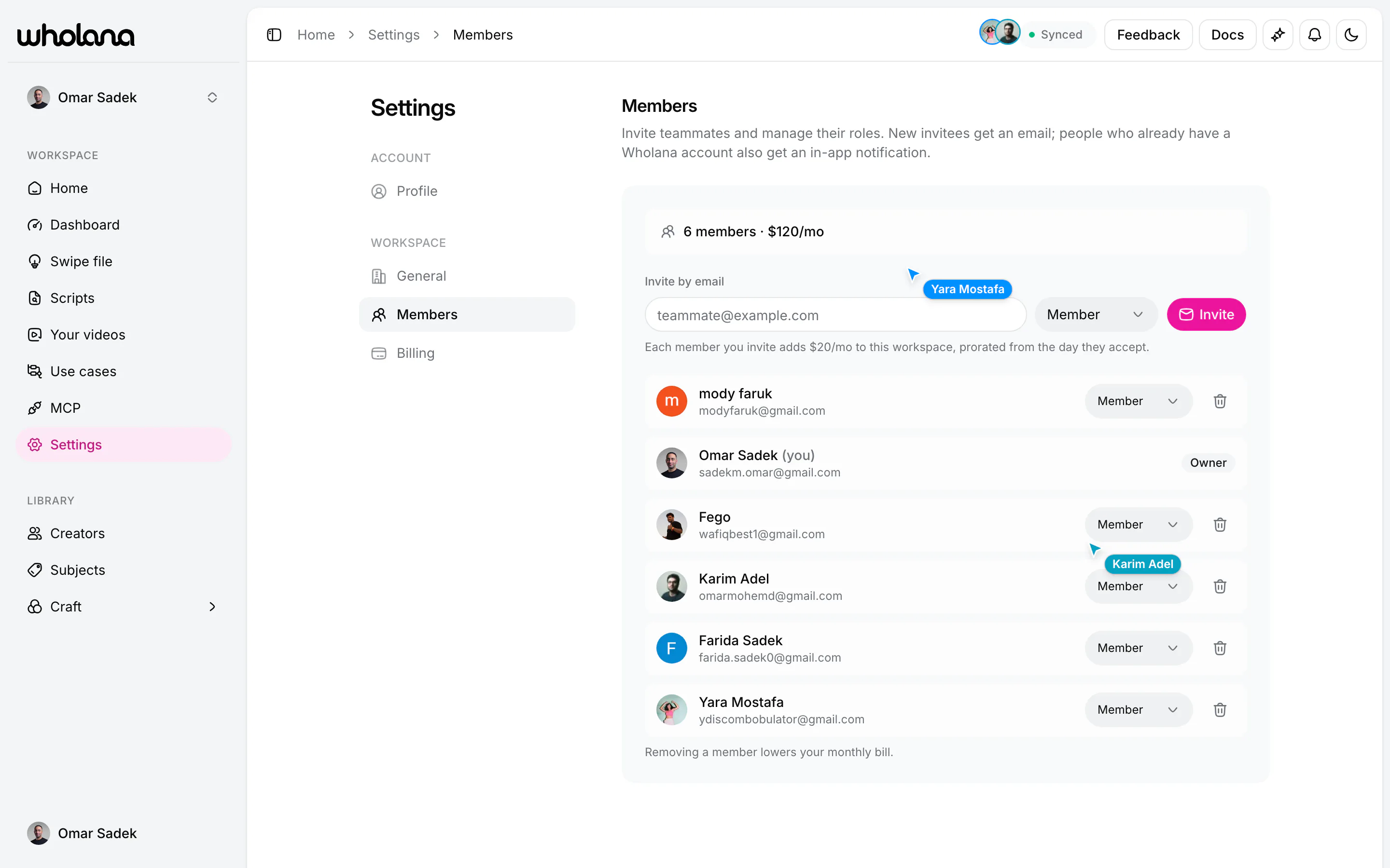The workspace members screen: a header reading “6 members · $120/mo”, an invite field with a role selector, and the member list with one owner and five members, under a line explaining that each invite adds $20 a month prorated from the day they accept