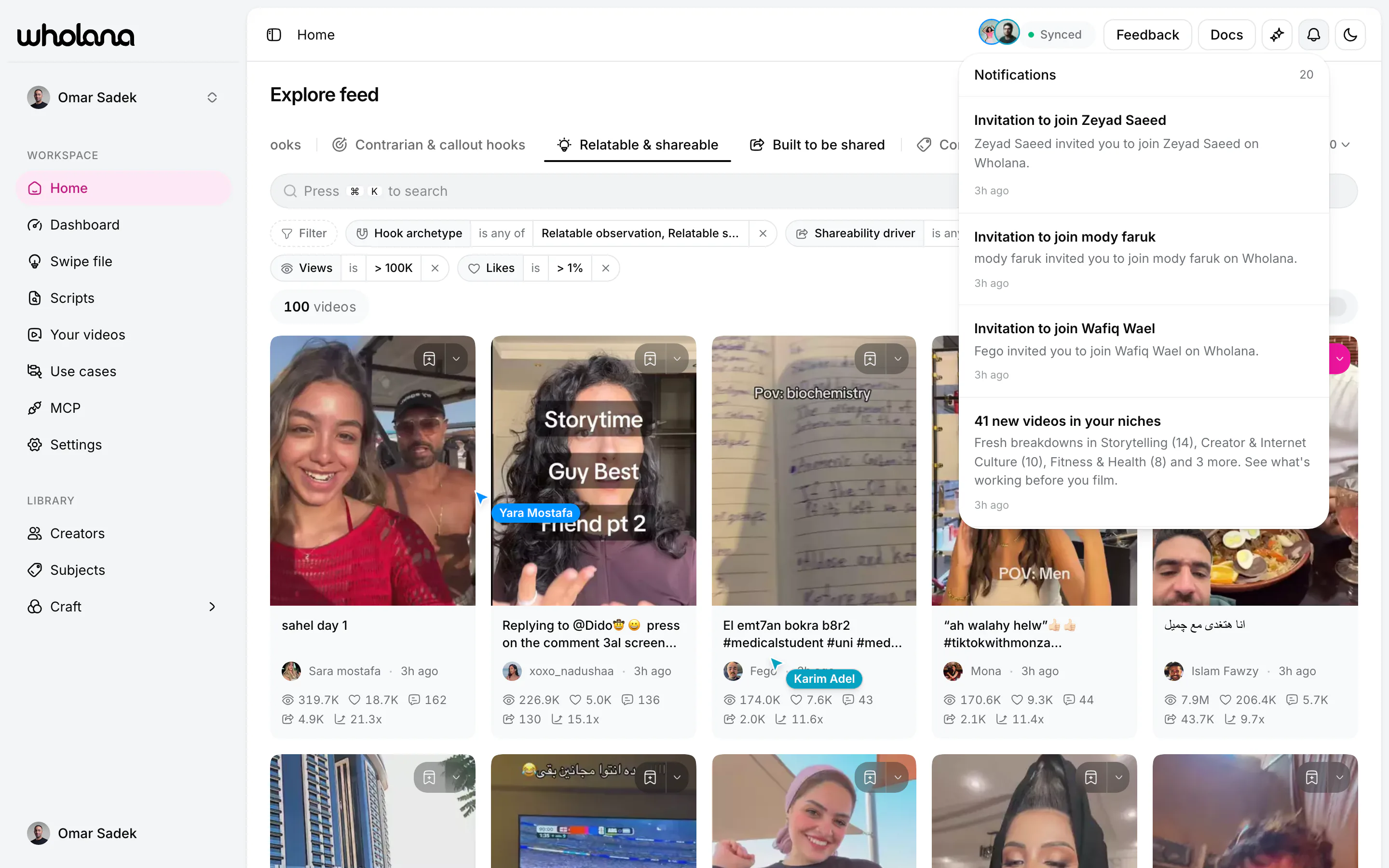 The notifications panel open over the feed, listing workspace invitations alongside “41 new videos in your niches”, broken down as Storytelling 14, Creator & Internet Culture 10, Fitness & Health 8 and 3 more