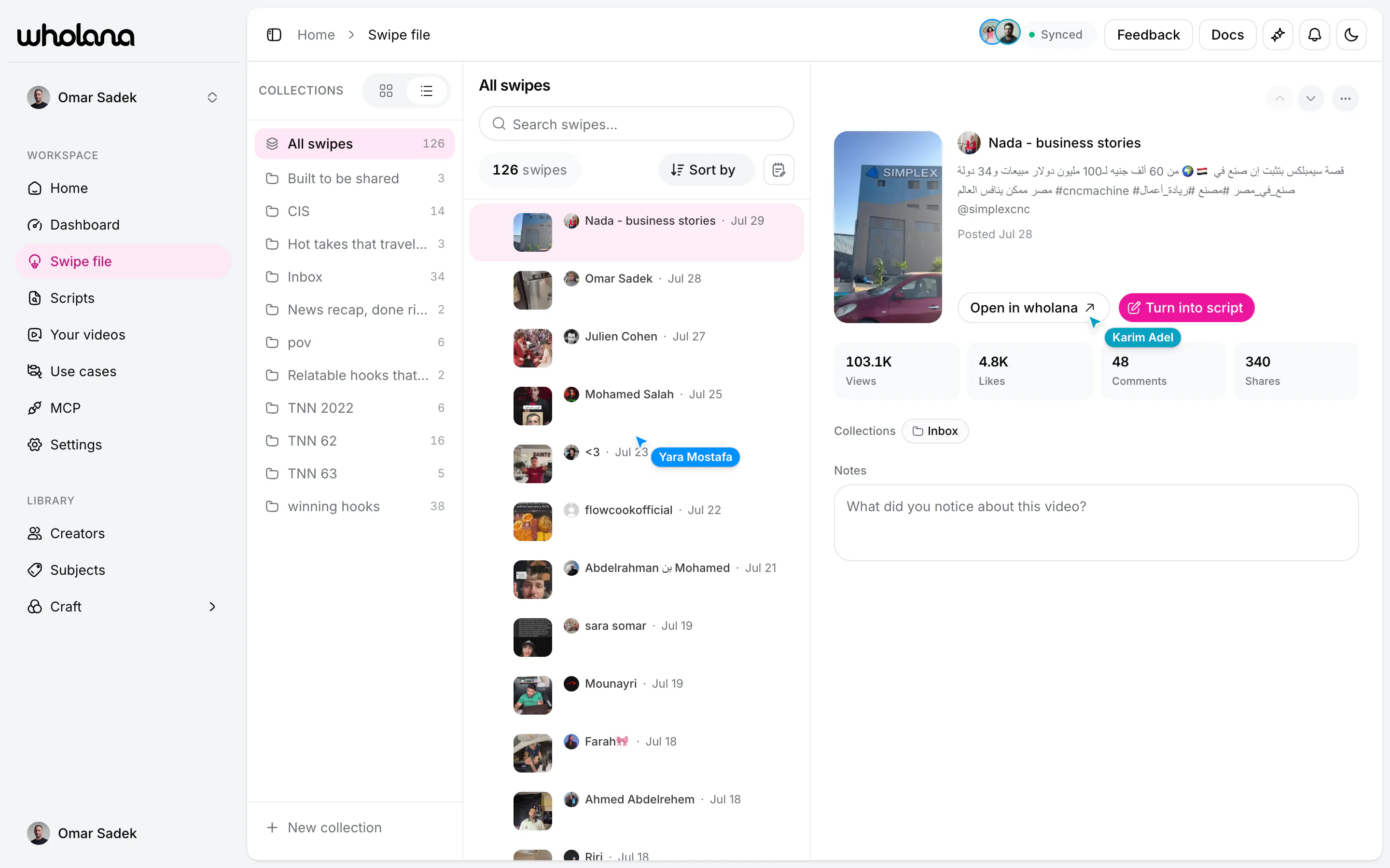 The swipe file: a column of collections down the left including Inbox, “winning hooks” and “Built to be shared” with counts, the 126 saved videos in the middle, and a saved video on the right showing its views, likes, comments and shares over a notes field and a “Turn into script” button